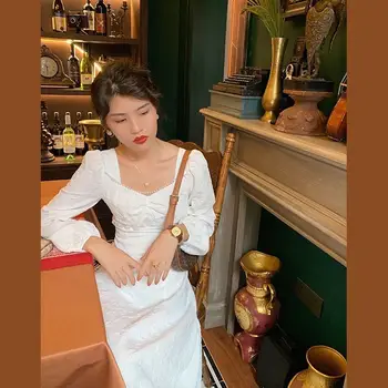 Prancūzijos Vintage Suknelė Moterims Aikštėje Apykaklės Retro Elegantiška Balta Suknelė Sluoksniuotos Rankovėmis Ir Ilgas Plonas Korėjos Naujas Mados Drabužių Rudens 2020 M.