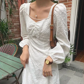 Prancūzijos Vintage Suknelė Moterims Aikštėje Apykaklės Retro Elegantiška Balta Suknelė Sluoksniuotos Rankovėmis Ir Ilgas Plonas Korėjos Naujas Mados Drabužių Rudens 2020 M.