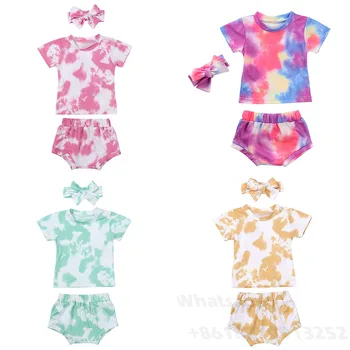 Prekės Bamblys Baby Girl tie dažai Drabužių Rinkiniai Apvalios Kaklo trumpomis Rankovėmis T-shirt Viršuje+Elastiniai Šortai+Lankelis Mados Komplektus 3 Gabalas