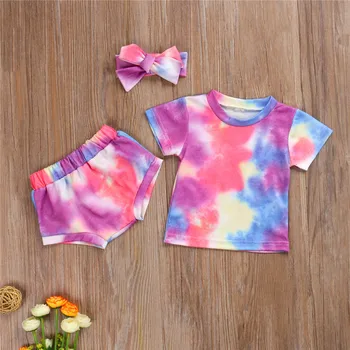 Prekės Bamblys Baby Girl tie dažai Drabužių Rinkiniai Apvalios Kaklo trumpomis Rankovėmis T-shirt Viršuje+Elastiniai Šortai+Lankelis Mados Komplektus 3 Gabalas