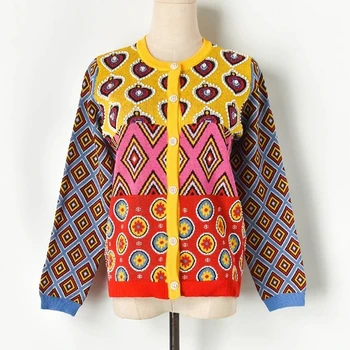 Prekės Dizaineris Moterų Megztinis 2021 M. Derliaus Kontrastas Geometrinis Širdies Vieno Krūtinėmis Apvalios Kaklo Atidaryti Mezgimo Megztinis C-495