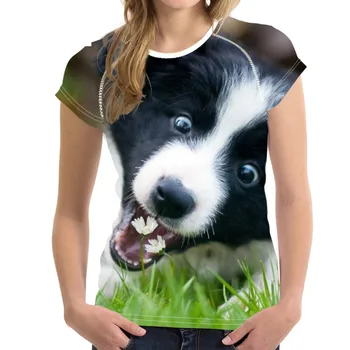 Prekės ženklo Dizainas Mada Moterims Vasaros T Shirts Mielas 3D Šuo Pasienio Kolis Spausdinti Mergaičių marškinėliai trumpomis Rankovėmis Viršūnes Tees Tinka
