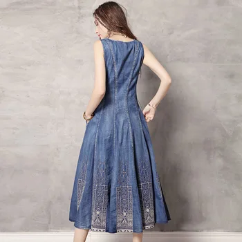 Prekės ženklo Moterys 2019 M. Pavasarį Naują Stilių Moterų Liemenė Vintage Suknelė Siuvinėta Džinsinio Įdėti į Didelį Suknelė DZ301