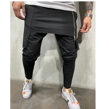 Prekės ženklo Vyrai pieštuku kelnių Vyrų Asymetric Sluoksniuotos Jogger Kelnes Hip-Hop Streetwear Jogger Kelnės Atsitiktinis Raišteliu Uždaryti Apačioje Kelnės