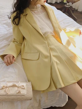 Preppy stilius geltona mori mergina švarkas nustatyti vientisos spalvos du mygtukai kailis trumpas pleatd sijonas 2vnt rinkinys moterims rudenį