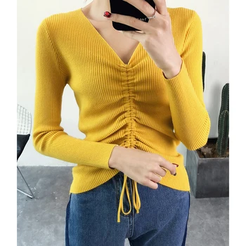 Priežastinis nėrinių v kaklo megzti megztinis moterims Plonas liesas žiemos megztinis megztinis 2020 m. Rudenį mezgimo traukti femme megztinis Smėlio spalvos Geltona