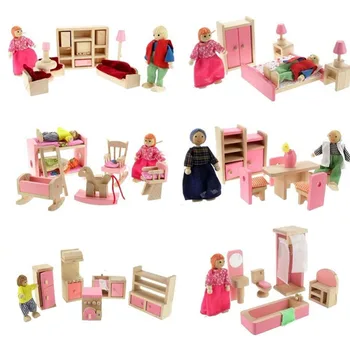 Puikus Medinis Lėlių Namelio Baldai Miniatiūriniai Žaislas Lėlės Vaikams, Vaikų Apsimesti Žaisti, Gyvenamasis Kambarys, Vonios Kambarys 6 Kambarį Rinkiniai Lėlės, Žaislai