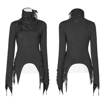 PUNK RAVE Moterų Gotikos Kasdien Long Sleeve Black Aukštos Apykaklės, marškinėliai Asmenybės Mados Atsitiktinis Moterų Viršūnių Tees Street Wear