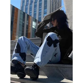 QWEEK Harajuku Aukšto Liemens Kelnės Streetwear Moterų Džinsus Y2K Drugelis Spausdinti Mėlyni Džinsai Moterims, Tiesios Kelnės per didelės Kelnės