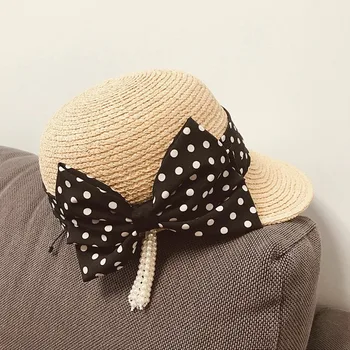 Raffy žolės jojimo skrybėlę polka dot lankas pearl grandinės beisbolo kepuraitę laukinių šiaudų skrybėlę