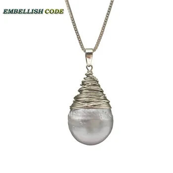 Rankų darbo šviesiai pilka baroko perlas flameball sidabro spalvos viela pakabukas karoliai 16