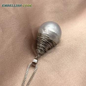 Rankų darbo šviesiai pilka baroko perlas flameball sidabro spalvos viela pakabukas karoliai 16