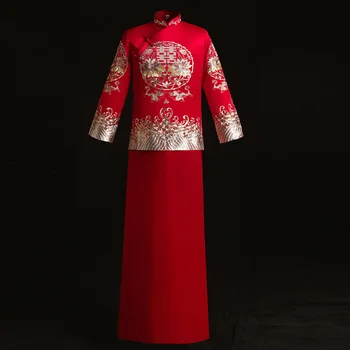 Raudona Jaunikis Derliaus Prarasti Cheongsam Tradicinės Kinų Vestuvių Suknelė Satino Qipao Siuvinėjimo Drakono Kostiumas Vestido Rytų Mens