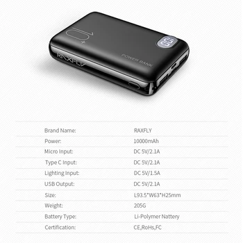 RAXFLY Mini Galios Banko 10000mAh Portable LED Ekranas Mi PowerBank 