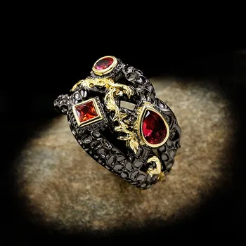 Retro Mados Dviejų spalvų Galvanizavimo Raudonas Cirkonis Žiedas Kūrybos Geometrinis Juodojo Aukso Žiedas 925 Sidabro Papuošalai, Papuošalais
