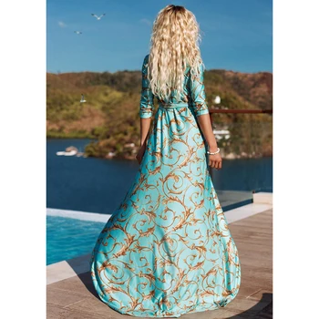 Retro spausdinti varčias ilga suknelė moterims Padalinta aukšto juosmens bohemijos maxi suknelė 2019 ilgomis rankovėmis vasaros paplūdimio suknelės Skraiste femme