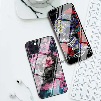 Retro Stiliaus Gėlių Kaukolė Atvejais iPhone 12 Mini Pro 11 X XS XR Max 7 8 Plius 6 6S SE 2020 Grūdintas Stiklas Telefono Fundas Rubisafe