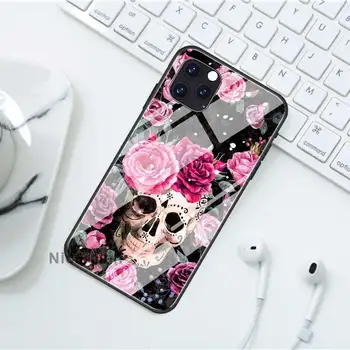 Retro Stiliaus Gėlių Kaukolė Atvejais iPhone 12 Mini Pro 11 X XS XR Max 7 8 Plius 6 6S SE 2020 Grūdintas Stiklas Telefono Fundas Rubisafe