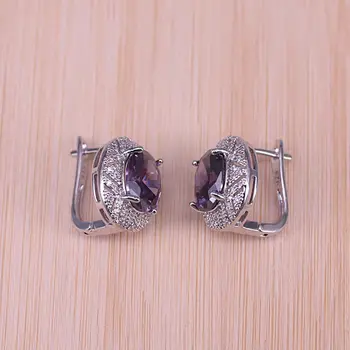 Risenj sidabro spalvų papuošalai vestuvių violetinė crystal balta kubinis cirkonis hoopas auskarai, žiedas, karoliai rinkinys moterims