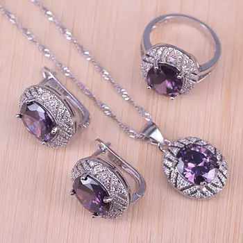 Risenj sidabro spalvų papuošalai vestuvių violetinė crystal balta kubinis cirkonis hoopas auskarai, žiedas, karoliai rinkinys moterims