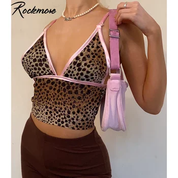 Rockmore Leopardas Spausdinti Backless Kryžiaus užrišti tankų Camis Moterų Mielas Apkarpytos Viršuje Tee Vasaros Y2K V Kaklo Mini Vest Streetwear