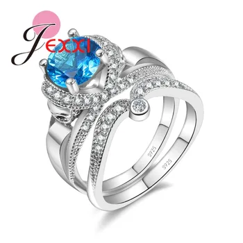 Romantiška Turas AAA CZ Kristalų Meilė Širdies Dizaino Žiedai Nustatyti 925 sterlingas sidabro-papuošalai Moterims Sužadėtuvių Dovana