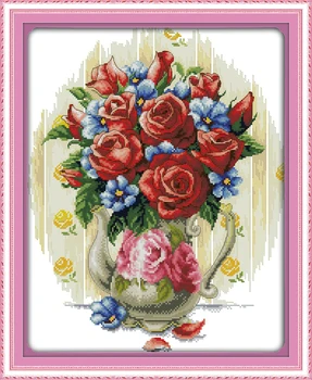 Rose vaza (3) kryželiu rinkinys gėlių 14ct 11ct raštuoto audinio drobė siūlės siuvinėjimo 
