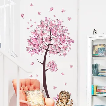 Rožinis Drugelis Medžio Siena Lipdukas už mergytę Kambarį Kambarį Miegamojo Sienų Dekoras PVC Nuimamas plakatus Namų Lipdukai DC32