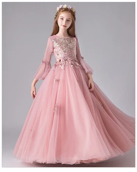Rožinė Nėriniai Vaikai Bridesmaid, Gėlių mergaičių Suknelės Šalis Vestuvių Blyksnius Rankovės Inscenizacija Princesė Dress Vaikų Pirmosios Komunijos Suknelė