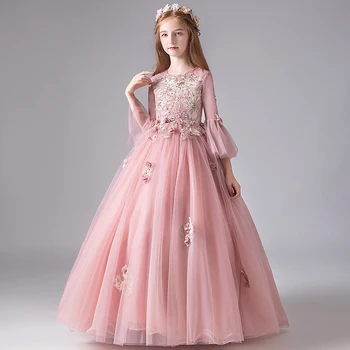 Rožinė Nėriniai Vaikai Bridesmaid, Gėlių mergaičių Suknelės Šalis Vestuvių Blyksnius Rankovės Inscenizacija Princesė Dress Vaikų Pirmosios Komunijos Suknelė