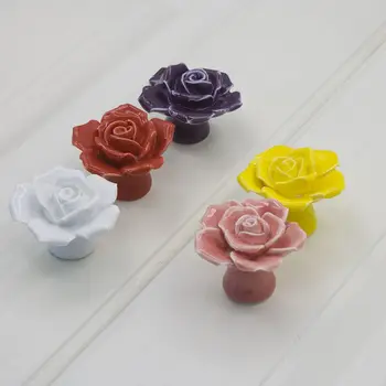 Rožių gėlių keramikos rankena šiuolaikinės rankų-žiupsnelis spalvos stalčių spintelė kabineto durų rankena rankena romantiška