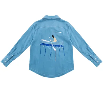 Rudens Mados Moterų Denim Palaidinės Originalaus Dizaino YIZI Stroe Ponios Džinsinio audinio Top Marškinėliai ilgomis Rankovėmis Flying Fish Siuvinėjimo Kutas