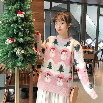 Rudens / Žiemos 2020 Mink Atspausdintas Kalėdų Džemperis Moterims korėjos Laisvas Megztinis Saldus Studentų Tendencija