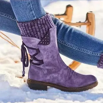 Rudens-Žiemos Batai Derliaus Butas Nėriniai-Up Batai Sniego Batai Mezgimo Kratinys Moterų Vidurio Blauzdos Batai Moteris Zapatos De Mujer