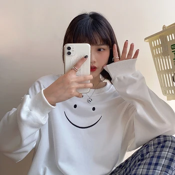 Rudenį 2020 korėjos stiliaus Moteris ploni Megztiniai ilgomis Rankovėmis animacinių filmų šypsena siuvinėjimo Palaidinukė Moterų puloveriai ( F4104)