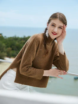 Rudenį 2020 m. moteris kašmyro megztinis naujas korėjos mados golfo kietos rudos smėlio spalvos sutirštės ilgomis rankovėmis ritininės puloveris trikotažas