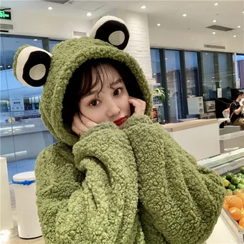 Rudenį 2020 Moterys Ilgomis Rankovėmis Korėjos Stiliaus Ėriukų Vilnos Zip-Up Kietas Hoodie Žalia Plius Dydis Negabaritinių Viršuje Panda Bear Animacinių Filmų