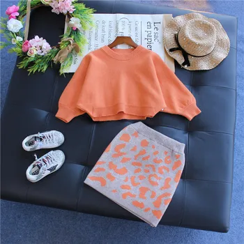 Rudenį ir pavasarį Mama ir mergaitė naujų drabužių kūdikiams ilgomis rankovėmis megztinis nustatyti vaikų orange mezgimo kostiumas mergaitėms šiltų drabužių set#0071