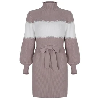 Rudenį ir Žiemą Megztinis Suknelė 2020 Naujas - Line, megztinis, Suknelė moterims Trutleneck Žibintų Rankovės Spalvų Vilnonių suknelė