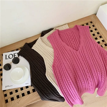 Rudenį ir žiemą moterų liemenė atsitiktinis megztinis vientisų spalvų V-kaklo, megzti liemenė viršų
