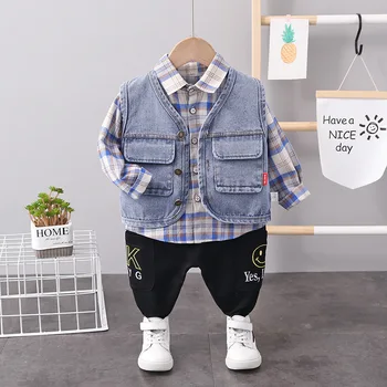 Rudenį ir žiemą, vaikų drabužiai kostiumas kostiumas berniukui kombinezonas kūdikiui džinsinio audinio striukė su gobtuvu megztinis kelnės, 3-jų dalių komplektas vaikams sportiniai
