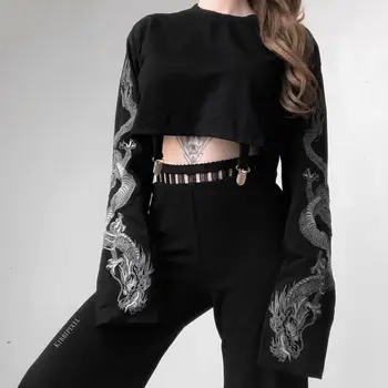 Rudenį Moterų Palaidinukė Dragon Print Long Sleeve O-Kaklo Viršūnes Mados Ponios Laisvas Megztinis (Puloveris) Atsitiktinis Viršūnes Drabužių Streetwear