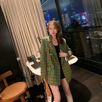 Rudenį Moterų Vintage Žalia Skara Mados Atsitiktinis Kostiumą, Paltą Moteris Japonijos Korėjiečių Streetwear Švarkas Švarkas Dvigubo Breasted Viršutinių Drabužių Siuvimas