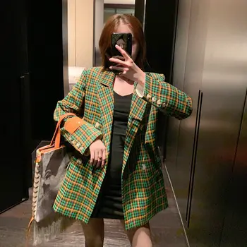 Rudenį Moterų Vintage Žalia Skara Mados Atsitiktinis Kostiumą, Paltą Moteris Japonijos Korėjiečių Streetwear Švarkas Švarkas Dvigubo Breasted Viršutinių Drabužių Siuvimas