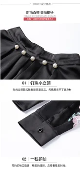 Rudenį Siuvinėjimas Rankovėmis Moterims, Juodos Palaidinės Lady Elegantiškas Granulių Darbo Apykaklės Viršūnes Femme Visą Sleeve Black Marškinėliai
