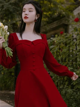 Rudenį, Vasarą Moterys Raudona Suknelė Elegantiška Vintage Stiliaus Long & Trumpomis Rankovėmis Didelio Dydžio Lady Vakarėlis Vakarienė Suknelės Vestidos