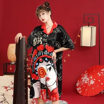 Rudenį, Vasarą Pižama Moterų Ledo Šilko Kinų Stiliaus Spausdinti Pyjama Laisvalaikio ilgomis Rankovėmis Plius Dydis Ponios Namų Drabužių Nightie