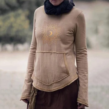 Rudenį, Žiemą Genčių Stiliaus Lady ilgomis rankovėmis T-shirt Nereguliarus Hem Mėnulis Modelis Viršų Atsitiktinis Visas rungtynes, Kempingas Iš Moterų Viršų