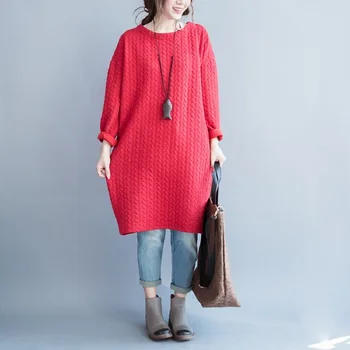 Rudenį, Žiemą Moterys Atsitiktinis Negabaritinių Viršuje Korėjos Stiliaus Trumpa Apvalios Kaklo Prarasti Moteriška Tunika Ilgomis Rankovėmis Vintage Žalia Raudona Paltai