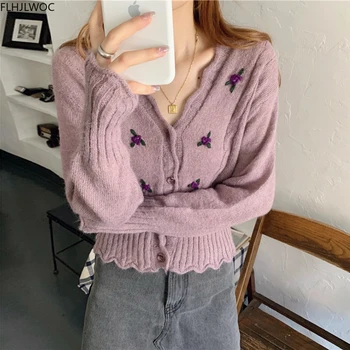 Rudenį, Žiemą Trumpas Mezgimo Kailio Viršutiniai Drabužiai Mielas Mergaičių Japonijos Dizaino Moterų Violetinė Single-Breasted Mygtuką Megzti Megztinis Susagstomi Megztiniai